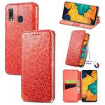 For Samsung Galaxy A20 / A30 Blooming Mandala Embossed Pattern Magnetic Horizontal Flip Leather Case with Holder & Card Slots & Wallet(Red)