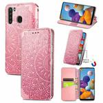 For Samsung Galaxy A21 Blooming Mandala Embossed Pattern Magnetic Horizontal Flip Leather Case with Holder & Card Slots & Wallet(Pink)