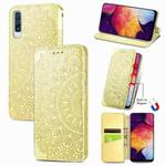 For Samsung Galaxy A50 Blooming Mandala Embossed Pattern Magnetic Horizontal Flip Leather Case with Holder & Card Slots & Wallet(Yellow)