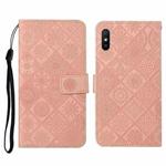 For Xiaomi Redmi 9A Ethnic Style Embossed Pattern Horizontal Flip Leather Case with Holder & Card Slots & Wallet & Lanyard(Pink)