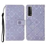 For Huawei P smart 2021 Ethnic Style Embossed Pattern Horizontal Flip Leather Case with Holder & Card Slots & Wallet & Lanyard(Purple)
