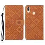 For Huawei Y7 (2019) Ethnic Style Embossed Pattern Horizontal Flip Leather Case with Holder & Card Slots & Wallet & Lanyard(Brown)