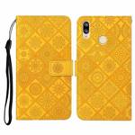 For Huawei Y7 (2019) Ethnic Style Embossed Pattern Horizontal Flip Leather Case with Holder & Card Slots & Wallet & Lanyard(Yellow)