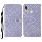 For Huawei Y7 (2019) Ethnic Style Embossed Pattern Horizontal Flip Leather Case with Holder & Card Slots & Wallet & Lanyard(Purple)