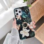 For iPhone 11 Double-sided Film IMD Flowers Pattern Shockproof TPU Protective Case with Ring Holder (Green Magnolia)