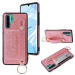 For Huawei P30 Glitter Powder PU+TPU Shockproof Protective Case with Holder & Card Slots & Wrist Strap(Pink)