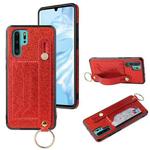 For Huawei P30 Glitter Powder PU+TPU Shockproof Protective Case with Holder & Card Slots & Wrist Strap(Red)