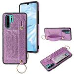 For Huawei P30 Glitter Powder PU+TPU Shockproof Protective Case with Holder & Card Slots & Wrist Strap(Purple)