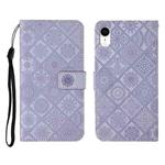 For iPhone XR Ethnic Style Embossed Pattern Horizontal Flip Leather Case with Holder & Card Slots & Wallet & Lanyard(Purple)