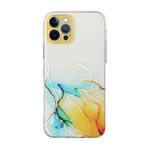 For iPhone 12 Pro Max Hollow Marble Pattern TPU Straight Edge Fine Hole Protective Case(Yellow Blue)