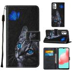 For Samsung Galaxy A32 5G Cross Texture Painting Pattern Horizontal Flip Leather Case with Holder & Card Slots & Wallet & Lanyard(Blue Butterfly Cat Eyes)