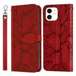 For iPhone 12 mini Life of Tree Embossing Pattern Horizontal Flip Leather Case with Holder & Card Slot & Wallet & Photo Frame & Lanyard (Red)