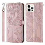 For iPhone 12 / 12 Pro Life of Tree Embossing Pattern Horizontal Flip Leather Case with Holder & Card Slot & Wallet & Photo Frame & Lanyard(Rose Gold)