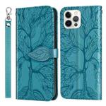 For iPhone 12 / 12 Pro Life of Tree Embossing Pattern Horizontal Flip Leather Case with Holder & Card Slot & Wallet & Photo Frame & Lanyard(Lake Blue)