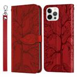 For iPhone 12 Pro Max Life of Tree Embossing Pattern Horizontal Flip Leather Case with Holder & Card Slot & Wallet & Photo Frame & Lanyard(Red)