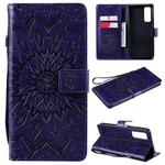 For Huawei P Smart 2021 Sun Embossing Pattern Horizontal Flip Leather Case with Card Slot & Holder & Wallet & Lanyard(Purple)