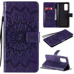 For Xiaomi Mi 10T / 10T Pro Sun Embossing Pattern Horizontal Flip Leather Case with Card Slot & Holder & Wallet & Lanyard(Purple)