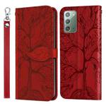 For Samsung Galaxy Note20 Life of Tree Embossing Pattern Horizontal Flip Leather Case with Holder & Card Slot & Wallet & Photo Frame & Lanyard(Red)
