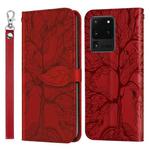 For Samsung Galaxy S20 Ultra Life of Tree Embossing Pattern Horizontal Flip Leather Case with Holder & Card Slot & Wallet & Photo Frame & Lanyard(Red)