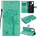 For OnePlus Nord N10 5G Tree & Cat Pattern Pressed Printing Horizontal Flip PU Leather Case with Holder & Card Slots & Wallet & Lanyard(Green)