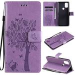 For OnePlus Nord N10 5G Tree & Cat Pattern Pressed Printing Horizontal Flip PU Leather Case with Holder & Card Slots & Wallet & Lanyard(Light Purple)