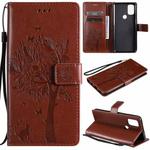 For OnePlus Nord N10 5G Tree & Cat Pattern Pressed Printing Horizontal Flip PU Leather Case with Holder & Card Slots & Wallet & Lanyard(Coffee)
