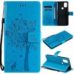 For OnePlus Nord N10 5G Tree & Cat Pattern Pressed Printing Horizontal Flip PU Leather Case with Holder & Card Slots & Wallet & Lanyard(Blue)