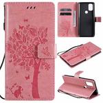 For OnePlus Nord N10 5G Tree & Cat Pattern Pressed Printing Horizontal Flip PU Leather Case with Holder & Card Slots & Wallet & Lanyard(Pink)