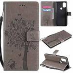 For OnePlus Nord N10 5G Tree & Cat Pattern Pressed Printing Horizontal Flip PU Leather Case with Holder & Card Slots & Wallet & Lanyard(Grey)