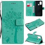 For OnePlus Nord N100 Tree & Cat Pattern Pressed Printing Horizontal Flip PU Leather Case with Holder & Card Slots & Wallet & Lanyard(Green)