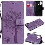 For OnePlus Nord N100 Tree & Cat Pattern Pressed Printing Horizontal Flip PU Leather Case with Holder & Card Slots & Wallet & Lanyard(Light Purple)