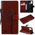 For OnePlus Nord N100 Tree & Cat Pattern Pressed Printing Horizontal Flip PU Leather Case with Holder & Card Slots & Wallet & Lanyard(Coffee)