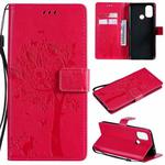 For OnePlus Nord N100 Tree & Cat Pattern Pressed Printing Horizontal Flip PU Leather Case with Holder & Card Slots & Wallet & Lanyard(Rose Red)
