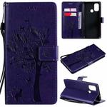 For OnePlus Nord N100 Tree & Cat Pattern Pressed Printing Horizontal Flip PU Leather Case with Holder & Card Slots & Wallet & Lanyard(Purple)