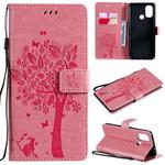 For OnePlus Nord N100 Tree & Cat Pattern Pressed Printing Horizontal Flip PU Leather Case with Holder & Card Slots & Wallet & Lanyard(Pink)