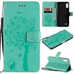 For LG K22 / K22 Plus Tree & Cat Pattern Pressed Printing Horizontal Flip PU Leather Case with Holder & Card Slots & Wallet & Lanyard(Green)