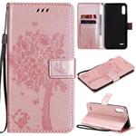 For LG K22 / K22 Plus Tree & Cat Pattern Pressed Printing Horizontal Flip PU Leather Case with Holder & Card Slots & Wallet & Lanyard(Rose Gold)