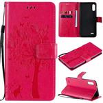 For LG K22 / K22 Plus Tree & Cat Pattern Pressed Printing Horizontal Flip PU Leather Case with Holder & Card Slots & Wallet & Lanyard(Rose Red)