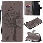 For LG K22 / K22 Plus Tree & Cat Pattern Pressed Printing Horizontal Flip PU Leather Case with Holder & Card Slots & Wallet & Lanyard(Grey)