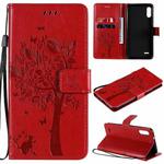 For LG K22 / K22 Plus Tree & Cat Pattern Pressed Printing Horizontal Flip PU Leather Case with Holder & Card Slots & Wallet & Lanyard(Red)