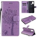 For OPPO A53(2020) / A32 Tree & Cat Pattern Pressed Printing Horizontal Flip PU Leather Case with Holder & Card Slots & Wallet & Lanyard(Light Purple)