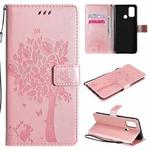 For OPPO A53(2020) / A32 Tree & Cat Pattern Pressed Printing Horizontal Flip PU Leather Case with Holder & Card Slots & Wallet & Lanyard(Rose Gold)