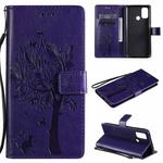 For OPPO A53(2020) / A32 Tree & Cat Pattern Pressed Printing Horizontal Flip PU Leather Case with Holder & Card Slots & Wallet & Lanyard(Purple)