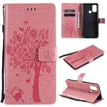 For OPPO A53(2020) / A32 Tree & Cat Pattern Pressed Printing Horizontal Flip PU Leather Case with Holder & Card Slots & Wallet & Lanyard(Pink)