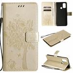 For OPPO A53(2020) / A32 Tree & Cat Pattern Pressed Printing Horizontal Flip PU Leather Case with Holder & Card Slots & Wallet & Lanyard(Gold)