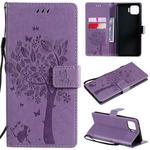For OPPO F17 Pro / Reno4 Lite Tree & Cat Pattern Pressed Printing Horizontal Flip PU Leather Case with Holder & Card Slots & Wallet & Lanyard(Light Purple)