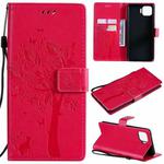 For OPPO F17 Pro / Reno4 Lite Tree & Cat Pattern Pressed Printing Horizontal Flip PU Leather Case with Holder & Card Slots & Wallet & Lanyard(Rose Red)