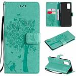 For OPPO Realme 7 Pro Tree & Cat Pattern Pressed Printing Horizontal Flip PU Leather Case with Holder & Card Slots & Wallet & Lanyard(Green)