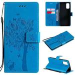 For OPPO Realme 7 Pro Tree & Cat Pattern Pressed Printing Horizontal Flip PU Leather Case with Holder & Card Slots & Wallet & Lanyard(Blue)