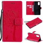 For OPPO Realme 7 Pro Tree & Cat Pattern Pressed Printing Horizontal Flip PU Leather Case with Holder & Card Slots & Wallet & Lanyard(Rose Red)